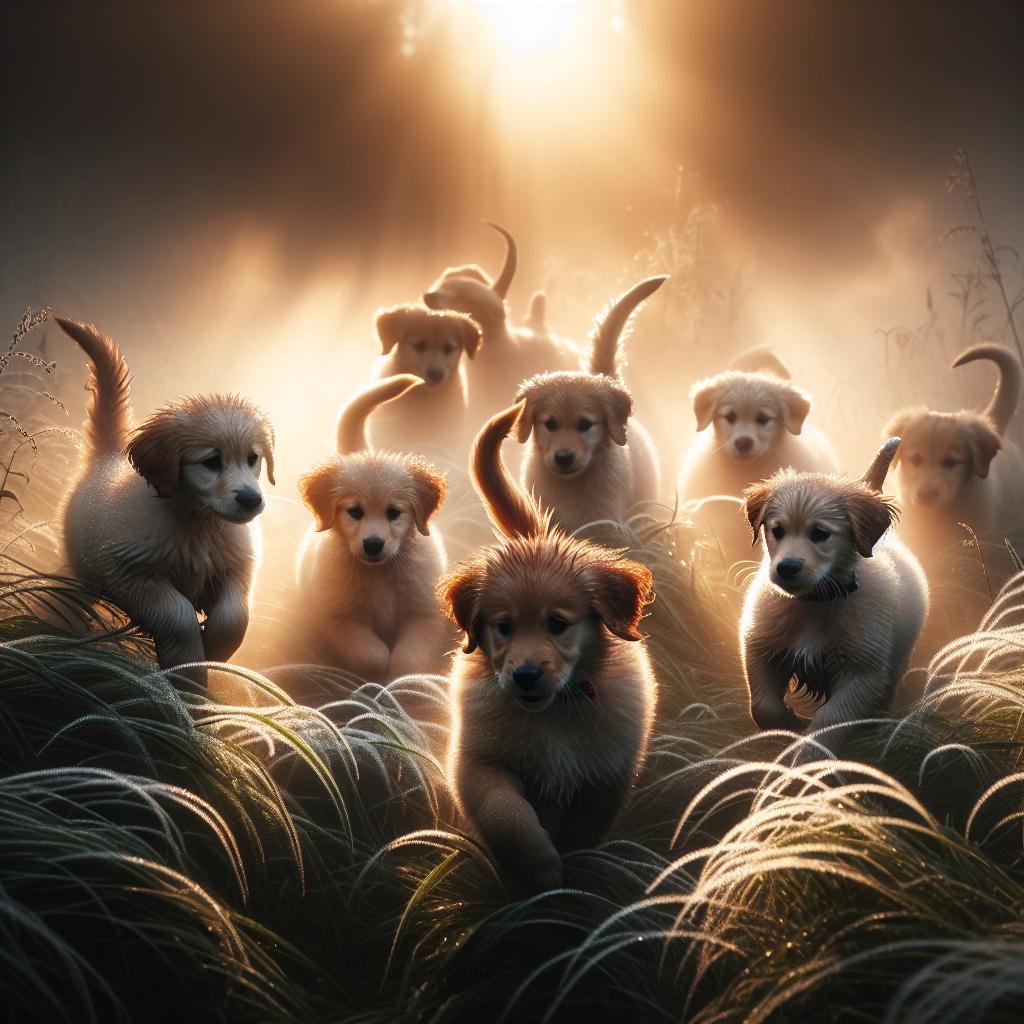 Puppies in a Foggy Meadow